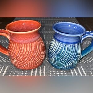 Lot of 2 Handmade Ceramic Textured Coffee Mugs Artist Signed Pottery Blue Orange